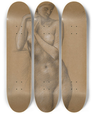 Triptych art skateboard deck of Sir Edward Coley Burnejones Study Of Female Nude For The Hill Fairies In Arthur In Avalon_1 by Sir Edward Coley Burne-Jones (1833-1898)