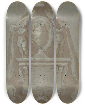 Triptych art skateboard deck of Avanzino Nucci Design For A Wall Tomb by Avanzino Nucci (1551-1629)