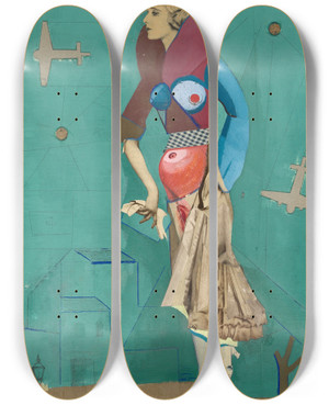 Triptych art skateboard deck of Karl Wiener Frau Zwei Flugzeuge Bomben by Karl Wiener (1901-1949)