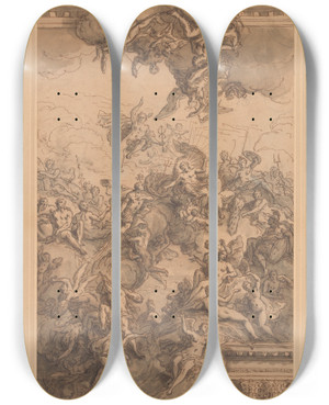 Triptych art skateboard deck of Sir James Thornhill A Design For A Ceiling by Sir James Thornhill (1675-1734)