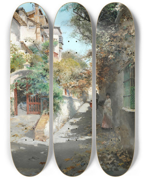 Triptych art skateboard deck of Manuel Garca Y Rodrguez Street Scene In Granada by Manuel Garcia Y Rodriguez (1863-1925)