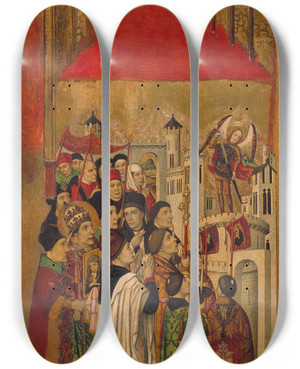 Triptych art skateboard deck of Jaume Huguet  Apparition Of Saint Michael At The Castle Of Santangelo by Jaume Huguet (1412-1492)