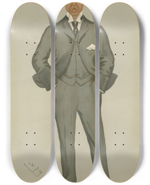 Triptych art skateboard deck of Leslie Matthew Ward Politicians Heir Presumptive To A Dukedom Mr Victor Cavendish May 9 1896 by Leslie Matthew Ward (1851-1922)