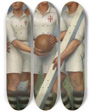 Triptych art skateboard deck of Ngel Zrraga Tres Futbolistas Con Boina by ngel Zrraga (1886-1946)