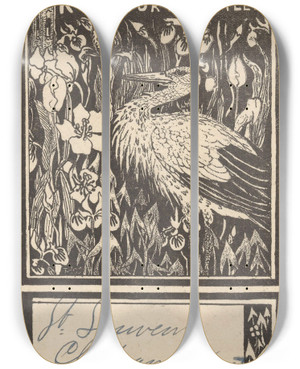 Triptych art skateboard deck of Theo Van Hoytema Etiket Met Ooievaar by Theo Van Hoytema (1863-1917)