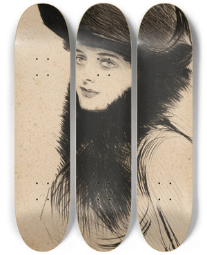 Triptych art skateboard deck of Paul Csar Helleu Portrait De Femme Au Chapeau_3 by Paul Cesar Helleu (1859-1927)
