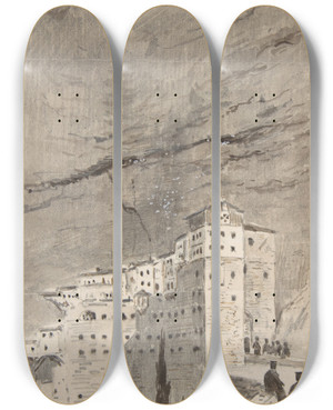 Triptych art skateboard deck of Peter Toft Monastery Of Mega Spileon Greece by Peter Toft (1825-1901)
