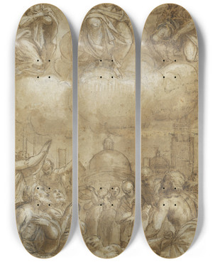 Triptych art skateboard deck of Lattanzio Gambara Plague Victims Pleading For Help From Christ The Virgin And Saint Roch by Lattanzio Gambara (1525-1574)