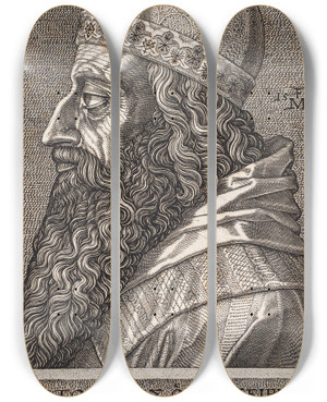 Triptych art skateboard deck of Melchior Lorck Aristotle Half Lenght Portrait Profile Toward The Left by Melchior Lorck (1526-1583)