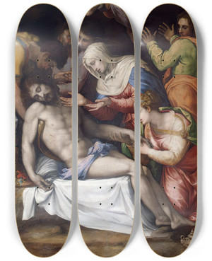 Triptych art skateboard deck of Francesco De Rossi Lamentation Over The Dead Christ by Francesco de' Rossi (1510-1563)