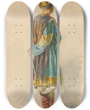 Triptych art skateboard deck of Klavdy Vasilyevich Lebedev Oriental Figure by Klavdy Vasilyevich Lebedev (1852-1916)