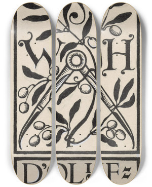 Triptych art skateboard deck of Antoon Derkinderen Ontwerp Voor Vignet Voor De Architect Hanrath by Antoon Derkinderen (1859-1925)