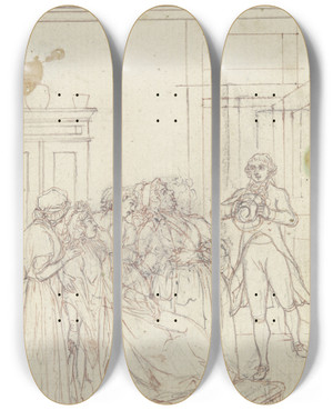 Triptych art skateboard deck of Daniel Nikolaus Chodowiecki Unconscious Clarissa by Daniel Nikolaus Chodowiecki (1726-1801)