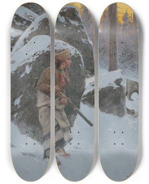 Triptych art skateboard deck of Henry Farny The Indian Bear Hunter by Henry Farny (1847-1916)