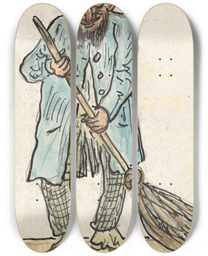 Triptych art skateboard deck of Paul Franz Otto Mann Mit Besen by Paul Franz Otto (1839-1927)