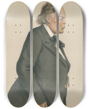 Triptych art skateboard deck of Leslie Matthew Ward Politicians Inconoclast Mr Charles Bradlaugh June 12 1880 by Leslie Matthew Ward (1851-1922)