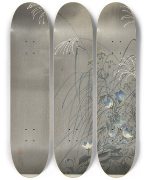 Triptych art skateboard deck of Ohara Koson Grasses And Flowers At Full Moon by Ohara Koson (1877-1945)