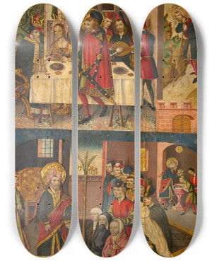Triptych art skateboard deck of Martn De Soria Saint Christopher Taking Leave Of The King Who Feared Satan Saint Christopher And His Converts by Martn de Soria (1449-1487)