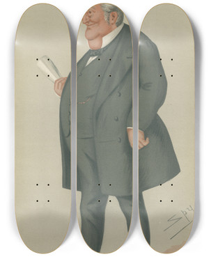 Triptych art skateboard deck of Leslie Matthew Ward Politicians The Manchester School Mr Thomas Bayley Potter 2 June 1877 by Leslie Matthew Ward (1851-1922)