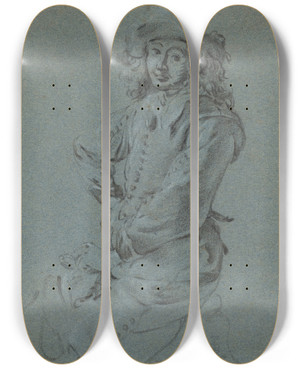 Triptych art skateboard deck of Jan Miel Seated Cavalier With His Arm Akimbo by Jan Miel (1599-1664)