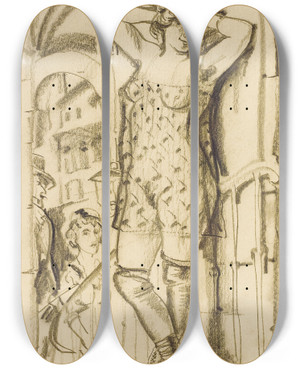 Triptych art skateboard deck of Boris Grigoriev Prostitute In Doorway by Boris Grigoriev (1886-1939)