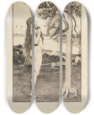 Triptych art skateboard deck of Max Klinger Die Schlange Eva Und Die Zukunft Opus Iii Blatt 3 by Max Klinger (1857-1920)