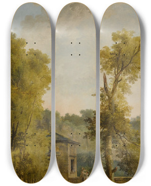 Triptych art skateboard deck of Hubert Robert View Of A Walled Garden Courtyard With A Woman Feeding Chickens And Other Figures In The Foreground by Hubert Robert (1733-1808)