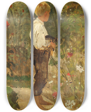 Triptych art skateboard deck of Joseph Hasslwander Knabe Mit Katze Im Garten by Joseph Hasslwander (1812-1878)