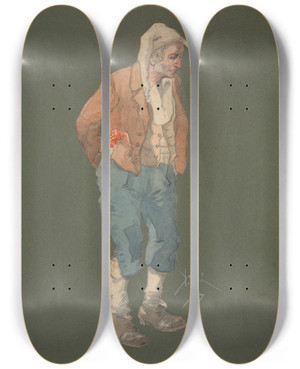Triptych art skateboard deck of Pipein Gamba Vecchio Contadino by Pipein Gamba (1868-1954)