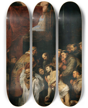 Triptych art skateboard deck of Peter Paul Rubens The Last Communion Of Saint Francis Of Assisi by Peter Paul Rubens (1577-1640)