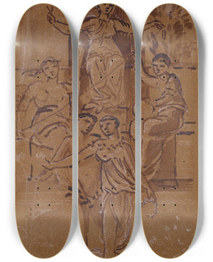 Triptych art skateboard deck of Sir Edward Coley Burnejones The Fates Composition Study by Sir Edward Coley Burne-Jones (1833-1898)