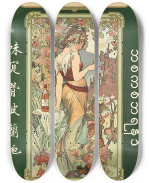 Triptych art skateboard deck of Alphonse Mucha Bisquits Brandy Lithographic Poster In Colours by Alphonse Mucha (1860-1939)
