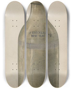 Triptych art skateboard deck of Wilbur M Rice Stoneware Beer Bottle by Wilbur M Rice