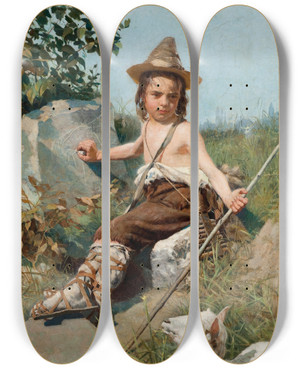 Triptych art skateboard deck of Oscar Pereira Da Silva Giottos Childhood by Oscar Pereira Da Silva (1867-1939)