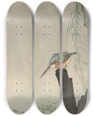 Triptych art skateboard deck of Ohara Koson Kingfisher On Tree Stump by Ohara Koson (1877-1945)