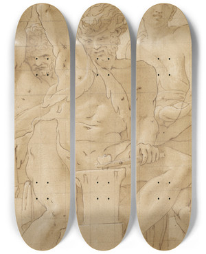 Triptych art skateboard deck of Francesco Primaticcio Vulcan At His Forge by Francesco Primaticcio (1504-1570)