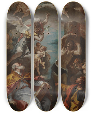 Triptych art skateboard deck of Sebastiano Ricci Glory Of The Virgin With The Archangel Gabriel And Saints Eusebius Roch And Sebastian by Sebastiano Ricci (1659-1734)