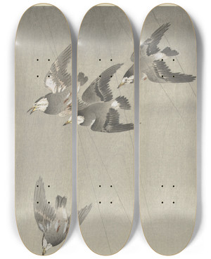 Triptych art skateboard deck of Ohara Koson Starlings In The Rain by Ohara Koson (1877-1945)