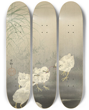 Triptych art skateboard deck of Ohara Koson Chicks And Worm by Ohara Koson (1877-1945) Triptych art skateboard deck of Ohara Koson Chicks And Worm by Ohara Koson (1877-1945)