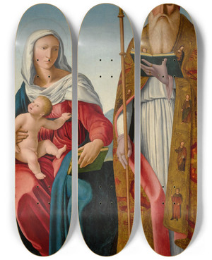 Triptych art skateboard deck of Francesco Marmitta Madonna And Child With A Bishop Saint by Francesco Marmitta (1460-1505)