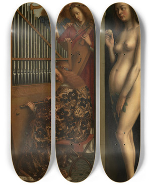 Triptych art skateboard deck of Jan Van Eyck Musicmaking Angels And Eve by Jan Van Eyck (1390-1441)