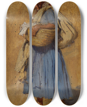 Triptych art skateboard deck of August Von Pettenkofen A Farmers Wife Blowing Her Nose by August Von Pettenkofen (1822-1889)