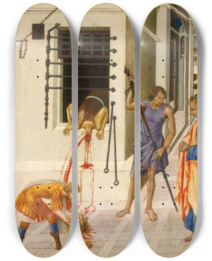 Triptych art skateboard deck of Giovanni Di Paolo The Beheading Of Saint John The Baptist by Giovanni Paolo Spadino (1403-1482)