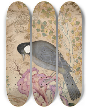 Triptych art skateboard deck of Muin Musavvir Whiteeared Bulbul Perched On A Pinkrock by Muin Musavvir (1630)