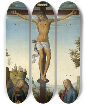 Triptych art skateboard deck of Pietro Perugino The Crucifixion With The Virginsaint Johnsaint Jerome And Saint Mary Magdalene by Pietro Perugino (1450-1523)