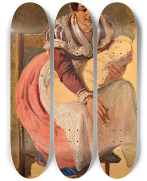 Triptych art skateboard deck of Wilhelm Marstrand Roman Woman With A Child Study For The St Anthony Feast Day In Rome by Wilhelm Marstrand (1810-1873)