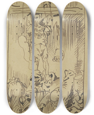 Triptych art skateboard deck of Wilhelm Busch Und Hoppenstedt Wie Er Sich Stemme Saust Schon In Topf Und Butterbemme by Wilhelm Busch (1832-1908)