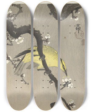Triptych art skateboard deck of Ohara Koson Chinese Golden Oriole On Plum Blossom Branch by Ohara Koson (1877-1945)