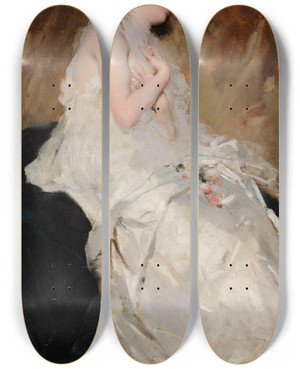 Triptych art skateboard deck of Charles Chaplin Le Sommeil by Charles Chaplin (1825-1891)
