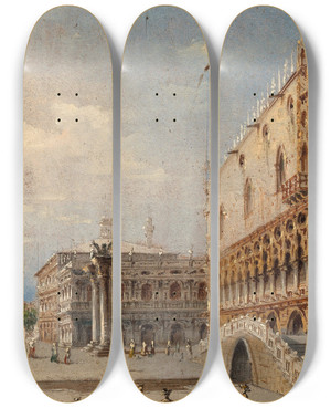 Triptych art skateboard deck of Marco Grubas Venice Piazzetta With St Marks Columns by Marco Grubas (1839-1910)